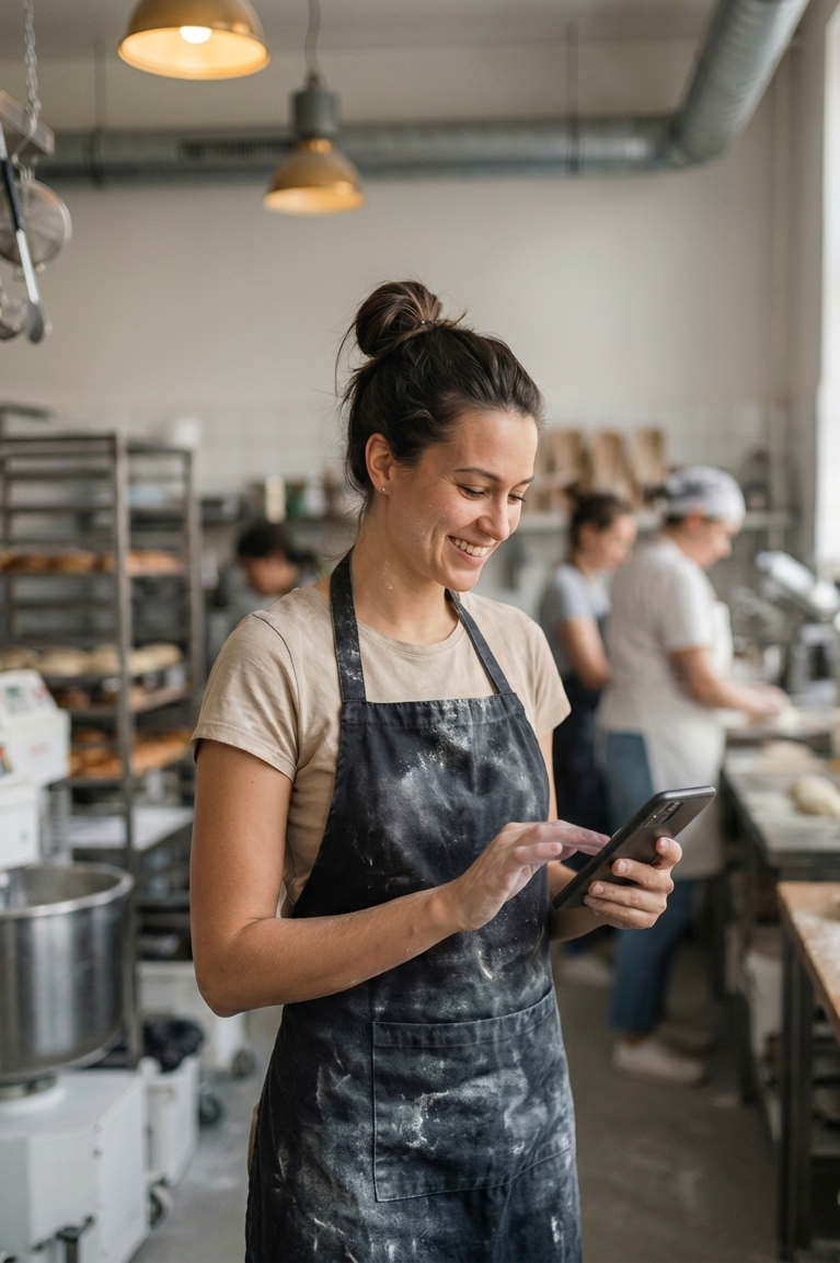 Julia granskar bageriets webbplats och kundomdömen med ett varmt leende i en mysig bagerimiljö
